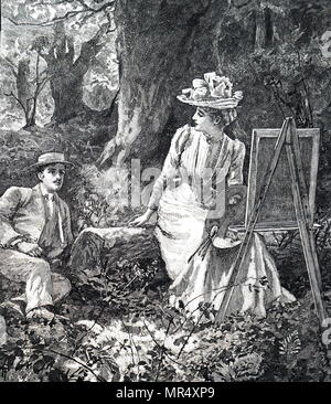 Illustration représentant une jeune artiste présentant son travail à son amant comme le se détendre dans les bois. En date du 19e siècle Banque D'Images