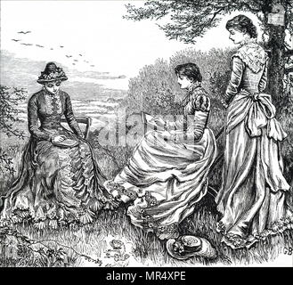 Illustration figurant des demoiselles passer l'après-midi à l'extérieur de la lecture et le dessin. En date du 19e siècle Banque D'Images
