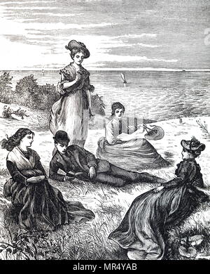 Illustration représentant une famille de vous détendre sur l'herbe à la banque sur la mer. En date du 19e siècle Banque D'Images