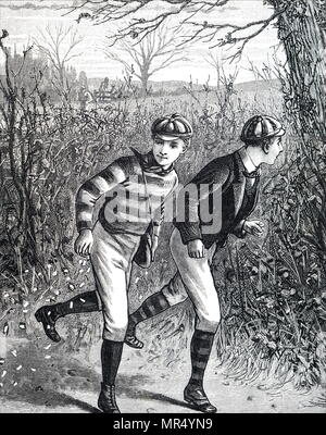 Illustration montrant deux jeunes garçons jouant Paper Chase, un jeu de course joué à l'extérieur (meilleur joué au sein d'un bois ou même un labyrinthe d'arbustes) avec n'importe quel nombre de joueurs. En date du 19e siècle Banque D'Images