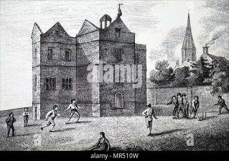 Illustration des écoliers à jouer au cricket à Harrow School. En date du 19e siècle