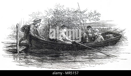 Illustration de jeunes enfants de partir dans une chaloupe pour aller à la pêche pour la journée. En date du 19e siècle Banque D'Images