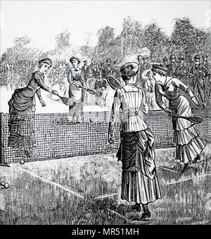 Illustration figurant des femmes jouant un jeu de tennis sur gazon. En date du 19e siècle Banque D'Images