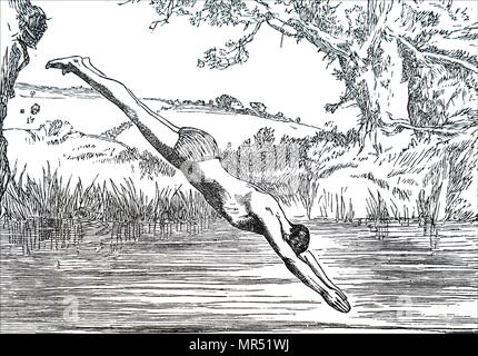 Illustration représentant un homme de plonger dans une rivière. En date du 19e siècle Banque D'Images