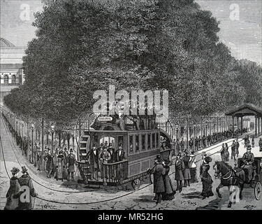 Illustration représentant un tramway électrique de Siemens à l'exposition d'électricité de Paris, 1881. Carl Wilhelm Siemens (1823-1883), un ingénieur et entrepreneur. En date du 19e siècle Banque D'Images