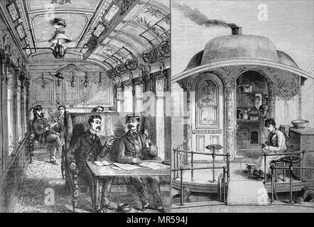 Gravure représentant un fumoir et la cuisine sur un train de chemin de fer Great Northern. En date du 19e siècle Banque D'Images