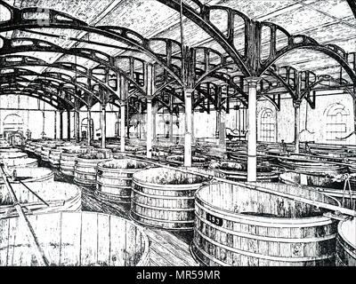 Gravure d'une scène de l'intérieur de la plus jeune WM & Co., Holyrood Brewery - nettoyage ethnique dans des fûts de bière de l'Union européenne, où il a été éliminé après la fermentation primaire. En date du 19e siècle Banque D'Images