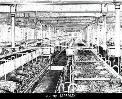 Gravure d'une scène de l'intérieur de la plus jeune WM & Co., Holyrood Brewery - nettoyage ethnique dans des fûts de bière de l'Union européenne, où il a été éliminé après la fermentation primaire. En date du 19e siècle Banque D'Images