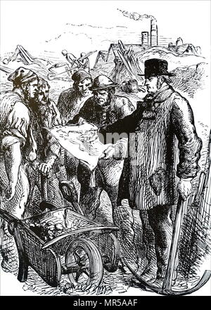 Gravure représentant George Stephenson terrassiers demandant qui travaillaient sur le chemin de fer Liverpool-Manchester à travers le Chat Moss Bog. George Stephenson (1781-1848) un ingénieur civil anglais, et ingénieur en mécanique. En date du 19e siècle Banque D'Images