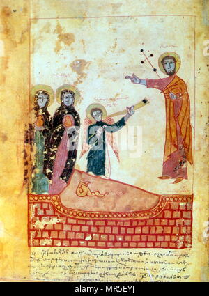 Manuscrit illustré chrétienne arménienne montrant la résurrection du Christ. 14e siècle Banque D'Images