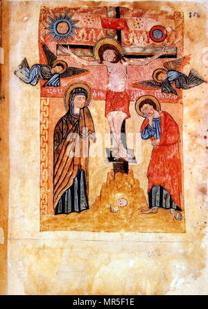 Manuscrit illustré chrétienne arménienne montrant Marie lors de la crucifixion du Christ ; 13e siècle Banque D'Images