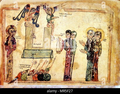 Manuscrit illustré chrétienne arménienne montrant la résurrection du Christ. 14e siècle Banque D'Images