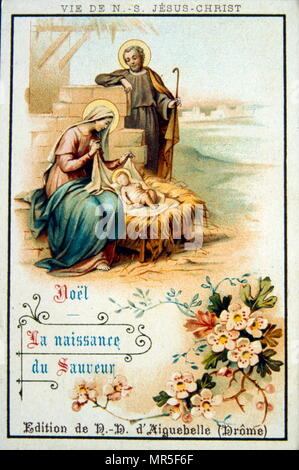 Carte de Noël français montrant la naissance de Jésus, 1900 Banque D'Images