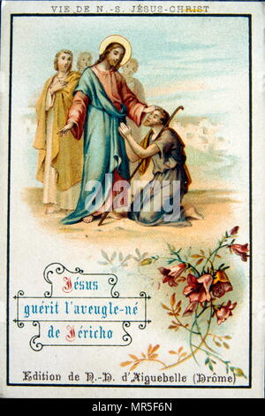 Carte de Noël français montrant Jésus la guérison de l'aveugle. 1900 Banque D'Images