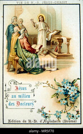 Carte de Noël français montrant Jésus au temple de Jérusalem. 1900 Banque D'Images