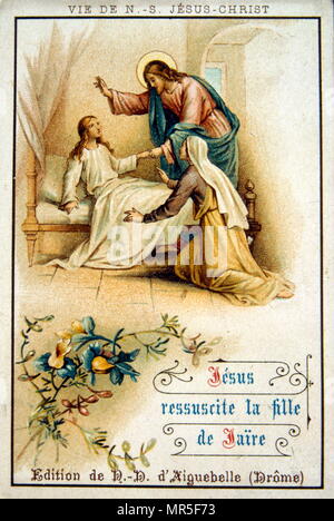 Carte de Noël français montrant Jésus la guérison de la fille de Jaïrus. 1900 Banque D'Images