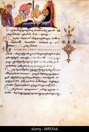 Manuscrit illustré chrétienne arménienne montrant la mise au tombeau du Christ : 14e siècle Banque D'Images