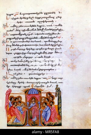 Manuscrit illustré chrétienne arménienne montrant le Christ avec les apôtres : 14e siècle Banque D'Images