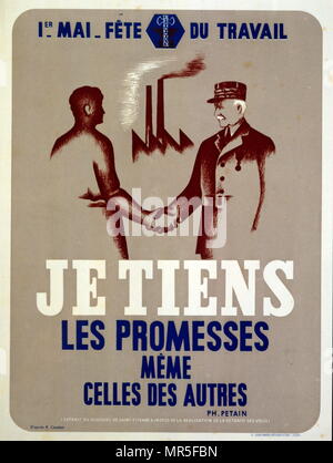 Affiche de propagande émis par Marshall Petain Vichy le leader français pour les travailleurs de jour Mai festival en temps de guerre la France. Banque D'Images