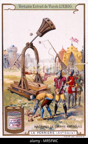 Carte d'adhérent Leibig représentant des soldats français assiégeant un château médiéval avec un trebuchet Banque D'Images