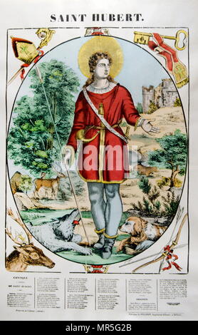 19e siècle français illustration de Saint Hubertus ou Hubert (ch. 656 - 30 mai 727), évêque de Liège en 708 AD. C'est un saint chrétien qui est le patron des chasseurs, des mathématiciens, des opticiens, et des métallurgistes. Connu comme l'Apôtre des Ardennes, il a été appelé, jusqu'au début du xxe siècle, de guérir la rage par l'utilisation de la clé de St Hubert traditionnels Banque D'Images