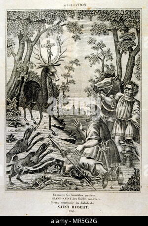 Illustration française du xviiie siècle de Saint Hubertus ou Hubert (ch. 656 - 30 mai 727), évêque de Liège en 708 AD. C'est un saint chrétien qui est le patron des chasseurs, des mathématiciens, des opticiens, et des métallurgistes. Connu comme l'Apôtre des Ardennes, il a été appelé, jusqu'au début du xxe siècle, de guérir la rage par l'utilisation de la clé de St Hubert traditionnels Banque D'Images