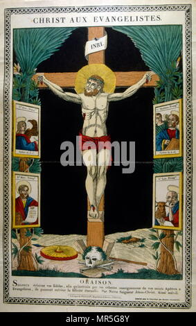 Le français du 19e siècle, illustration, montrant le Christ crucifié avec les quatre évangélistes, Matthieu, Marc, Luc et Jean gravure sur bois vers 1840 Banque D'Images
