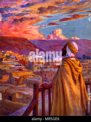 Muezzin appelant les fidèles à la prière dans un village dans le désert, par Nasreddine Dinet (Alphonse-Étienne Dinet) ; 1861 - 1929, un peintre orientaliste français 1918 Banque D'Images