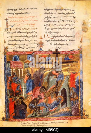 13e siècle, l'Eglise évangélique arménienne manuscrit, la descente dans la tombe. L'ensevelissement du Christ Banque D'Images