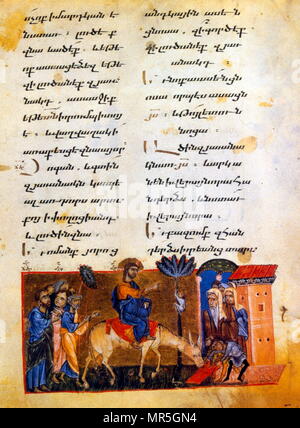 13e siècle, l'Eglise évangélique arménienne manuscrit, l'entrée du Christ à Jérusalem Banque D'Images