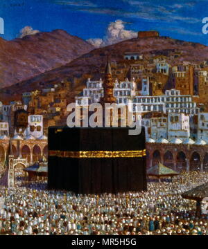 Les pèlerins musulmans à La Mecque, dans Kabbah par Nasreddine Dinet (Alphonse-Étienne Dinet) ; 1861 - 1929, un peintre orientaliste français ; 1918. La Mecque est le site le plus sacré dans l'Islam. Il est considéré par les musulmans comme étant le bayt Allāh, la "Maison de Dieu". Les musulmans devraient être confrontées à la Kaaba lors de l'exécution de salat (prière). L'un des cinq piliers de l'Islam exige que chaque musulman qui est en mesure de le faire pour effectuer le pèlerinage au moins une fois dans leur vie. Plusieurs parties du hajj pèlerins nécessitent de faire le Tawâf, circumambulation sept fois autour de la Kaaba dans le sens inverse des aiguilles. Banque D'Images