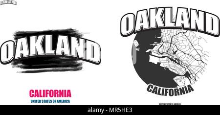 Oakland, Californie, logo design. Deux en un avec le logo vector art. grandes lettres vintage avec une belle couleur de fond et une couleur-version avec la carte fo Illustration de Vecteur