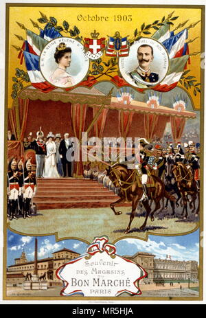 Illustration de la visite d'état du roi d'Espagne en France en octobre 1903. Les détails incluent : Le roi Alphonse XIII (1886 - 1941) ; la reine Victoria Eugénie de Battenberg (1887 - 1969), réception avec le Président Émile Loubet (1838 - 1929) Banque D'Images