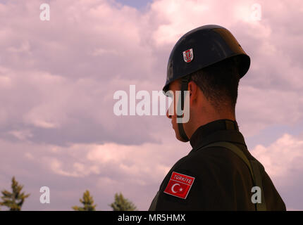 Ankara/Turquie - le 19 mai 2018 : Portrait d'un jeune soldat turc debout au poste de garde dans le mausolée de Kemal Atatürk. Mustafa Kemal Atatürk sont fo Banque D'Images