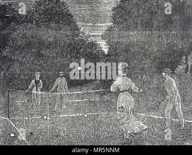 Gravure illustrant l'utilisation de phosphore blanc peinture recommandé pour les joueurs de tennis. Illustré par George du Maurier (1834-1896), un caricaturiste franco-britannique et l'auteur. En date du 19e siècle Banque D'Images