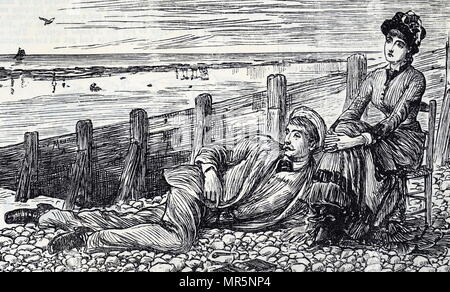 Caricature montrant un couple de leur lune de miel sur une plage de galets. Illustré par George du Maurier (1834-1896), un caricaturiste franco-britannique et l'auteur. En date du 19e siècle Banque D'Images