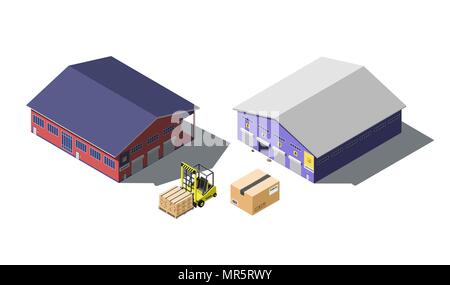 Bâtiment de l'entrepôt ensemble isométrique avec chariot élévateur et les boîtes de carton, isolated on white Illustration de Vecteur