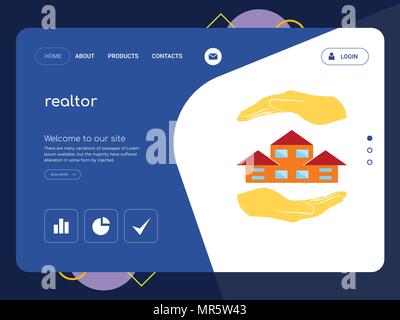 Une page de qualité Modèle de site Web de l'agent immobilier, EPS vectoriel Web Design moderne avec télévision et des éléments d'INTERFACE UTILISATEUR illustration paysage, idéal pour landing page Illustration de Vecteur