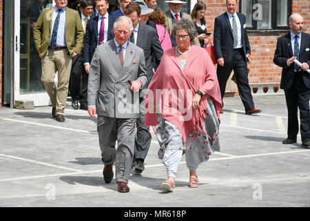 Le Prince de Galles promenades avec Directeur de Dorset Centre for the Arts créatifs Sarah Drew, lors d'une visite au Centre pour le Dorset Arts créatifs sur la ferme moyen moyen, en 2004/2005, de Dorchester. Banque D'Images