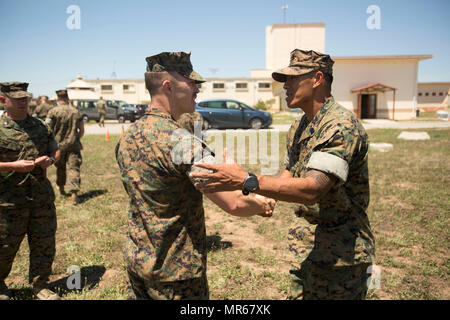 Le sergent-chef. Jerry C. Jordan, le chef des opérations spéciales du Groupe Force-Crisis Response-Africa air-sol marin, félicite le Major Robert J. Freitas, sous-officier de l'air pour SPMAGTF-CR-AF, pour sa promotion à son grade actuel après Freitas' cérémonie à la promotion de la Base Aérienne de Moron, le 20 mai 2017. La promotion de capitaine à major est un changement de grade de l'agent de qualité de l'entreprise champ d-grade officier. Banque D'Images