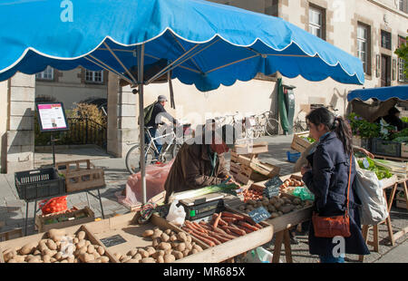 Rennes, France. Vue générale GV. Hebdomadaire Rennes marché régional. Bretagne, 'Pomme de terre et les carottes sur l'affichage', vendu à partir de la cale dans l'ouverture et le marché couvert Samedi 26/04/2014 © Peter SPURRIER Banque D'Images