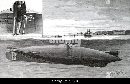 Gravure représentant John Philip Holland sous-marin d'essais cliniques pour l'US Navy. La photo en médaillon montre comment le bateau a été contrôlé à partir de la tourelle centrale. Le contrôleur consulté par l'entremise de deux bulls-Eye glasses placé à une distance convenable de côté à l'œil humain. John Phillip Holland (1840-1914) un ingénieur qui a développé le premier sous-marin à être officiellement commandé par l'US Navy, et le premier sous-marin de la Royal Navy, Holland 1. En date du 19e siècle Banque D'Images