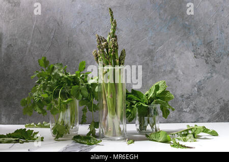 Matières organiques non cuit asperges vertes, botte de coriandre et de menthe fraîche d'herbes dans des bocaux en verre sur la table de cuisine blanche avec texture mur gris comme backgroun Banque D'Images