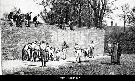 Gravure représentant des garçons jouent à l'Eton Wall Game. En date du 19e siècle Banque D'Images