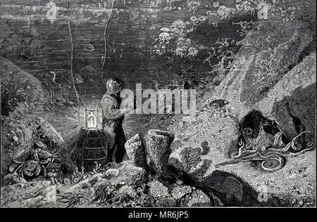 Gravure représentant un plongeur de prendre des photographies au fond de la mer. En date du 19e siècle Banque D'Images