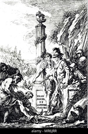 Gravure représentant l'empereur romain Probus (232-282 AD) la plantation de la vigne en France. Gravée par Charles-Nicolas Cochin (1715-1790) un graveur français, concepteur, auteur et critique d'art. En date du 18e siècle Banque D'Images