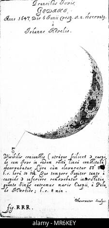 Gravure illustrant l'observation Johannes Hevelius de l'occultation de Jupiter par la lune. Johannes Hevelius (1611-1687), un astronome. En date du 17e siècle Banque D'Images