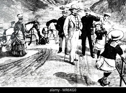 Gravure représentant William Ewart Gladstone bénéficiant d'une promenade à terre pour admirer le paysage au cours de sa croisière d'été à la Norvège. William Ewart Gladstone (1809-1898) un homme d'État britannique du parti libéral et premier ministre de Grande-Bretagne. En date du 19e siècle Banque D'Images