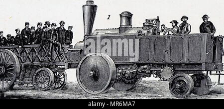 Gravure représentant un moteur de traction à vapeur. En date du 19e siècle Banque D'Images