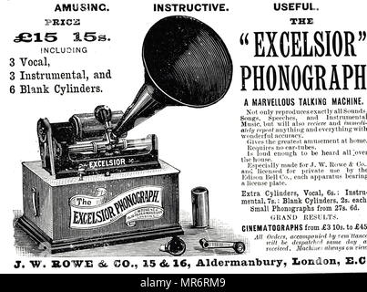 Annonce d'un phonographe d'Edison. Un phonographe est l'enregistrement et de reproduction mécanique du son. Inventé par Thomas Edison (1847-1931), un inventeur américain et homme d'affaires. En date du 19e siècle Banque D'Images